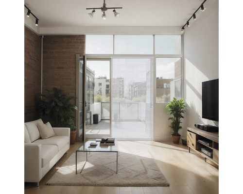 Woonkamer met bank, tafel en balkon