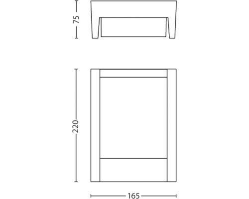 Technische tekening van een plantenbak met afmetingen