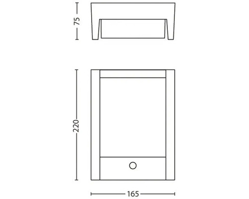 Technische tekening van een wandlamp met afmetingen