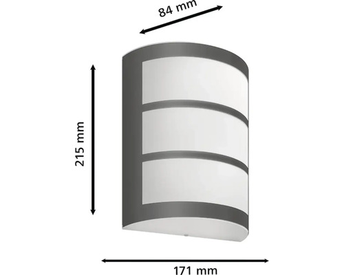 Afmetingen van een wandlamp: 215 mm hoog, 171 mm breed en 84 mm diep.