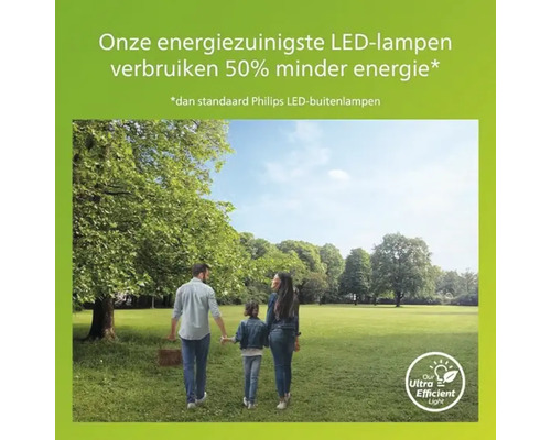 Gezin wandelt in park met Philips Ultra Efficient Light logo.