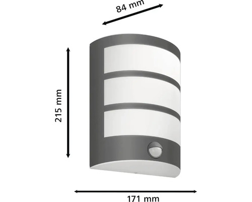 Wandlamp met bewegingsmelder en maataanduidingen.