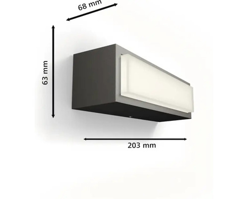 Wandlamp met afmetingen van 203 mm x 63 mm x 68 mm