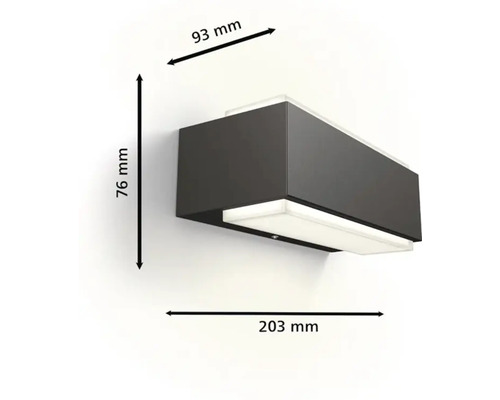 Wandlamp met de afmetingen 76 mm hoogte, 93 mm breedte en 203 mm lengte.