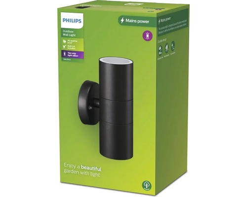 Verpakking van een zwarte Philips buitenwandlamp