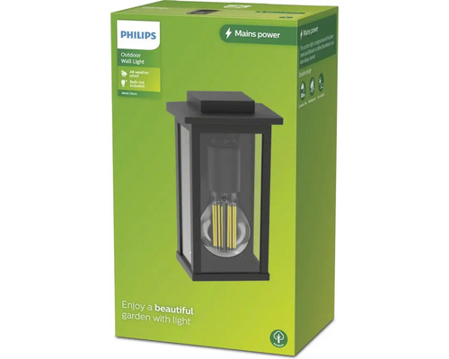 Philips buitenwandlamp in verpakking. Netvoeding buitenlamp, weerbestendig, lamp niet inbegrepen.