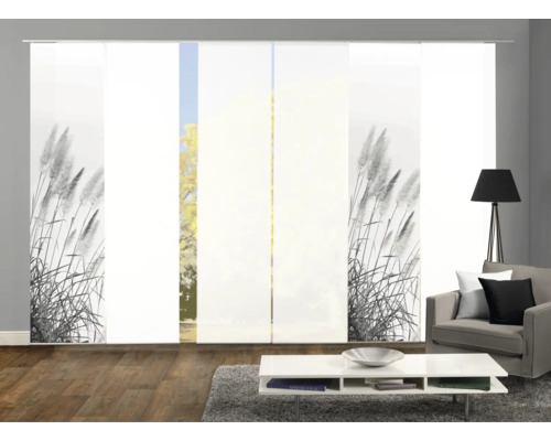 Kamerzicht met schuifgordijnen met grasmotief