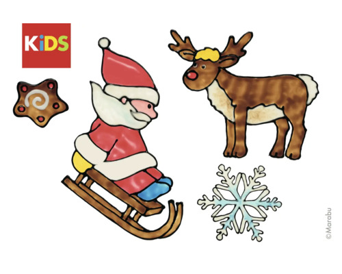 Marabu Kids raamfiguren met kerstmotieven, waaronder de kerstman op een slee, een rendier, een ster en een sneeuwvlok