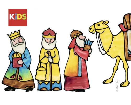 Illustratie van de drie koningen en een kameel voor kinderen