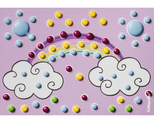 Illustratie van een hemel met regenwolken, een zon en een regenboog