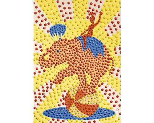 Abstract schilderij met stippenpatroon, voorstellende een gestileerde figuur op een wolk, een boom en een gestileerd landschap.