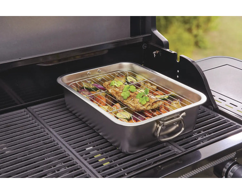 Roestvrijstalen braadslede met vis en groenten op een barbecue