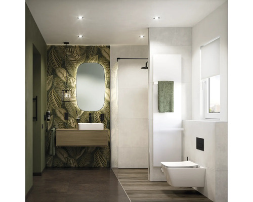 Lichte badkamer met wastafel, spiegel, toilet en douche
