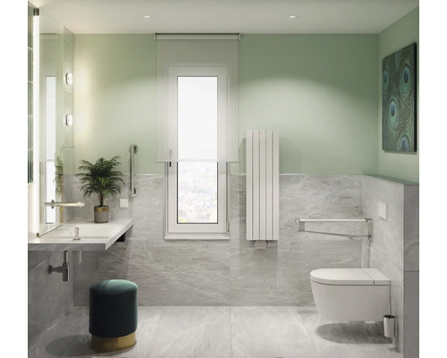 Toegankelijke badkamer met wastafel, toilet met handgrepen en radiator