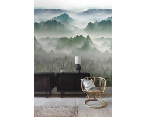 Woonkamer met landschapsbehang, dressoirs en rotan stoel