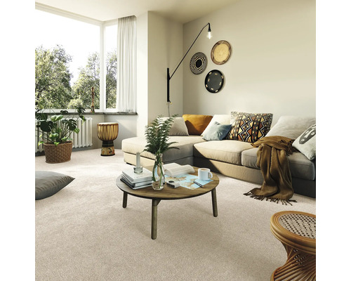 Woonkamer met tapijt, bank, tafel en decoraties