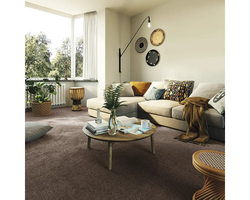 Woonkamer met bruin tapijt, bank, tafel en decoratie