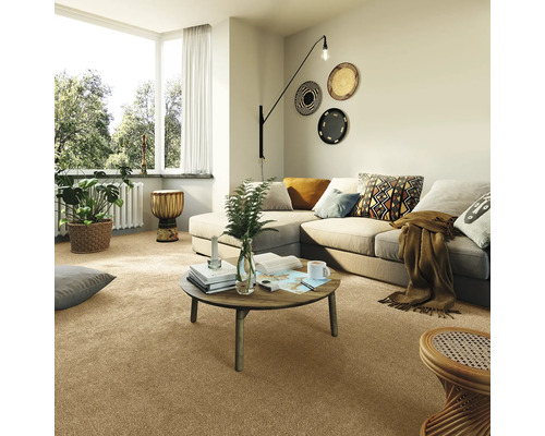 Lichte woonkamer met beige tapijt, hoekbank en decoraties