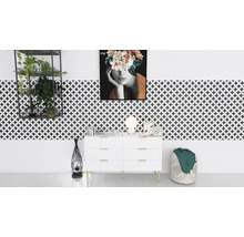 Lichte ruimte met ladekast, decoratie en geometrische tegels