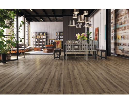 Woonkamer met rekken, eettafel, zitplaatsen en houten vloer