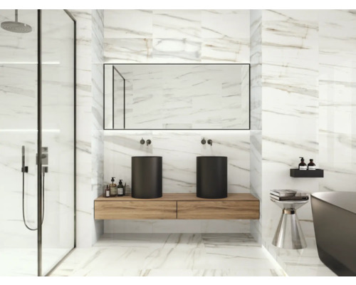 Lichte badkamer met douche, wastafel met twee opzetwastafels en spiegel