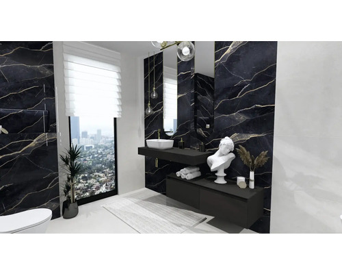 Moderne badkamer met zwart marmer, wastafel en groot raam