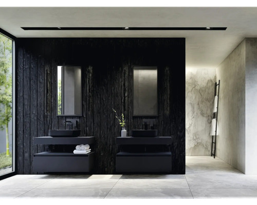 Badkamer met twee wastafels, spiegels en houten wand