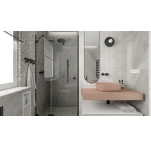 Badkamer met douche, wastafel en spiegel