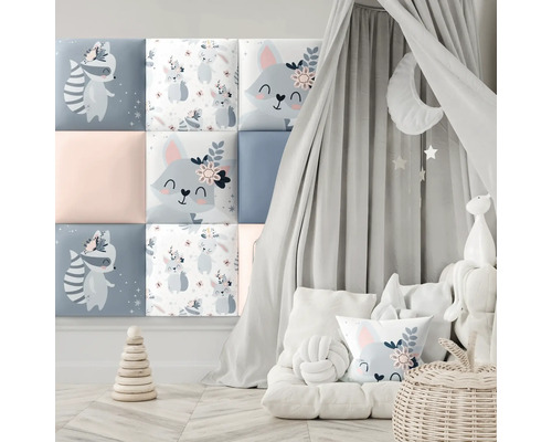 MOLLIS Wandkussen Print bosdieren 30x30 cm 4 stuks Kinderkamerontwerp met wandpanelen met dierenmotieven en hemelbed