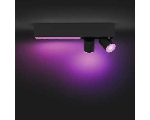 Zwarte plafondlamp met twee spots en violet licht