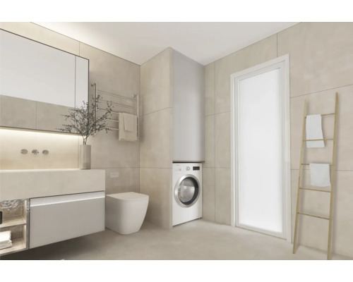 Moderne badkamer met wastafel, toilet, wasmachine en handdoekrek