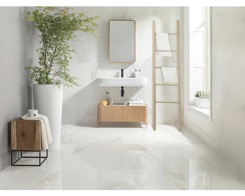 Lichte badkamer met wastafel, spiegel, handdoekladder en plant