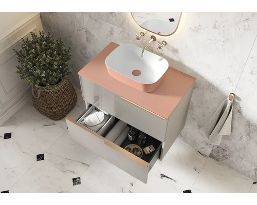 Moderne badkamer met wastafelmeubel, opzetwastafel en open ladesysteem