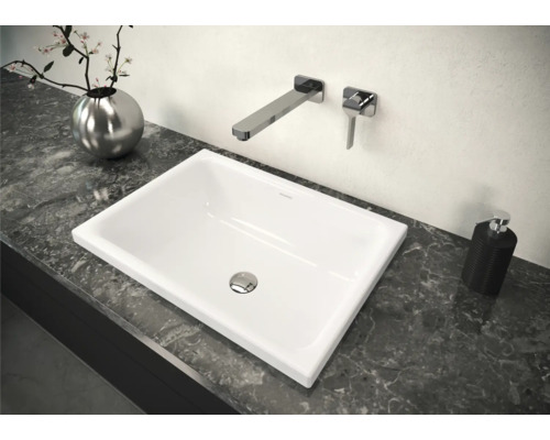 Opzetwastafel in badkamer op een werkblad met kraan en decoratie