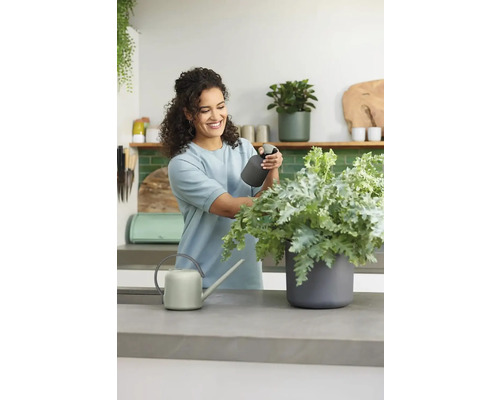 Vrouw verzorgt plant met spuitfles naast gieter op een werkblad