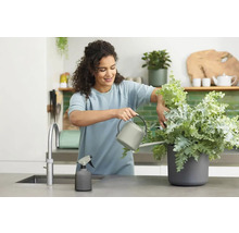 Vrouw geeft plant water in de keuken met gieter