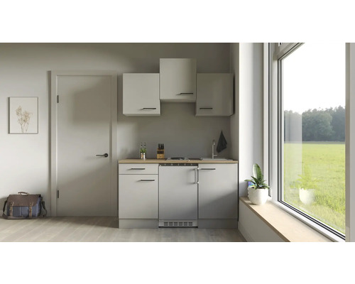 Kleine keuken met hangkasten, gootsteen, kookplaat en koelkast in lichte ruimte