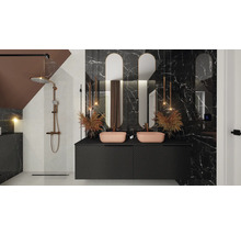 Badkamer met dubbele wastafel, kranen, spiegels en douche