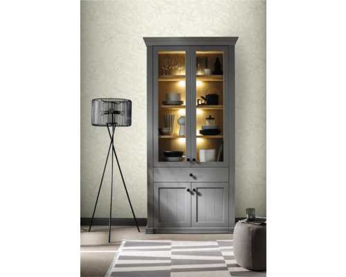 Woonkamer met grijze vitrinekast, vloerlamp en tapijt