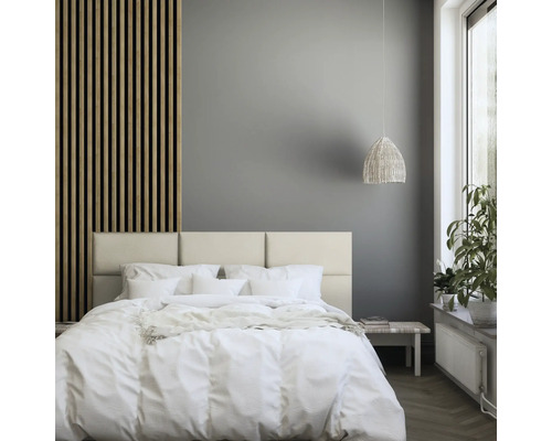 MOLLIS Wandkussen Corduroy ribbel beige 30x60 cm Slaapkamer met bed, nachtkastje en houten lambrisering