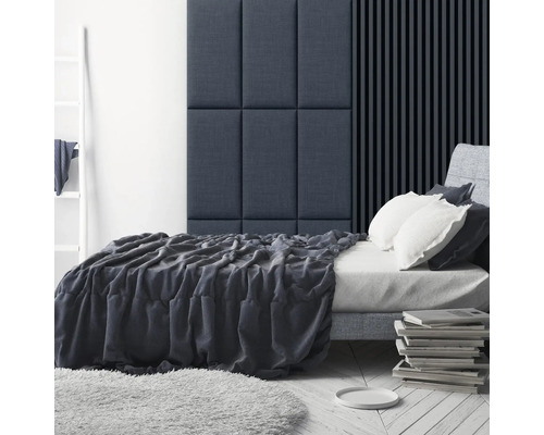 MOLLIS Wandkussen Linnen donkerblauw 30x60 cm Slaapkamer met bed, wandpanelen en vloerkleed