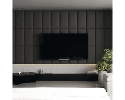 MOLLIS Wandkussen Bouclé grafiet 30x60 cm Moderne woonkamer met gestoffeerde muur, televisie en minimalistische meubels