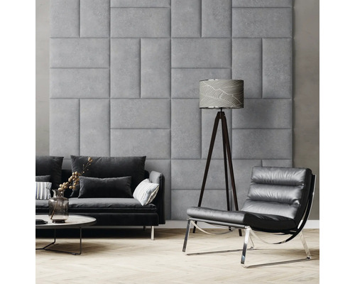 MOLLIS Wandkussen Print Steen grijs 30x60 cm Woonkamer met grijze wandpanelen, bank, fauteuil en staande lamp