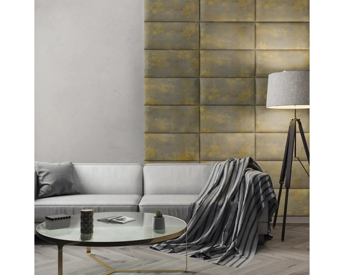 MOLLIS Wandkussen Print goud beton 30x60 cm Woonkamer met bank, tafel en wandpanelen