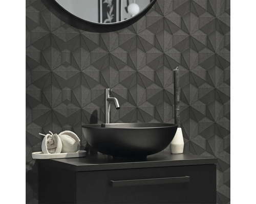 Badkamer met wastafel, kraan, spiegel en 3D-wandtegels