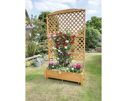 Houten plantenbak met klimrek in de tuin met bloeiende planten