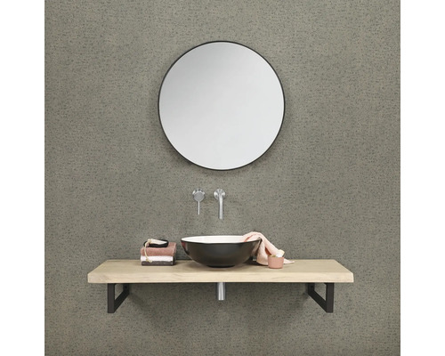Badkamermeubel met ronde spiegel, opzetwastafel en houten blad