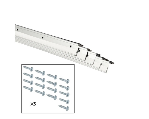 Meerdere metalen rails en twintig schroeven