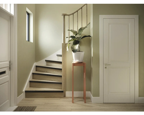 Lichte entree met trap, deur en potplant op bijzettafel