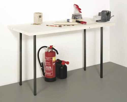 Werkbank met bankschroef, schroeven, gereedschap en brandblusser